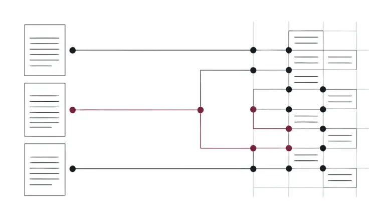 Line diagram: three source documents feeding into a structured comparison grid